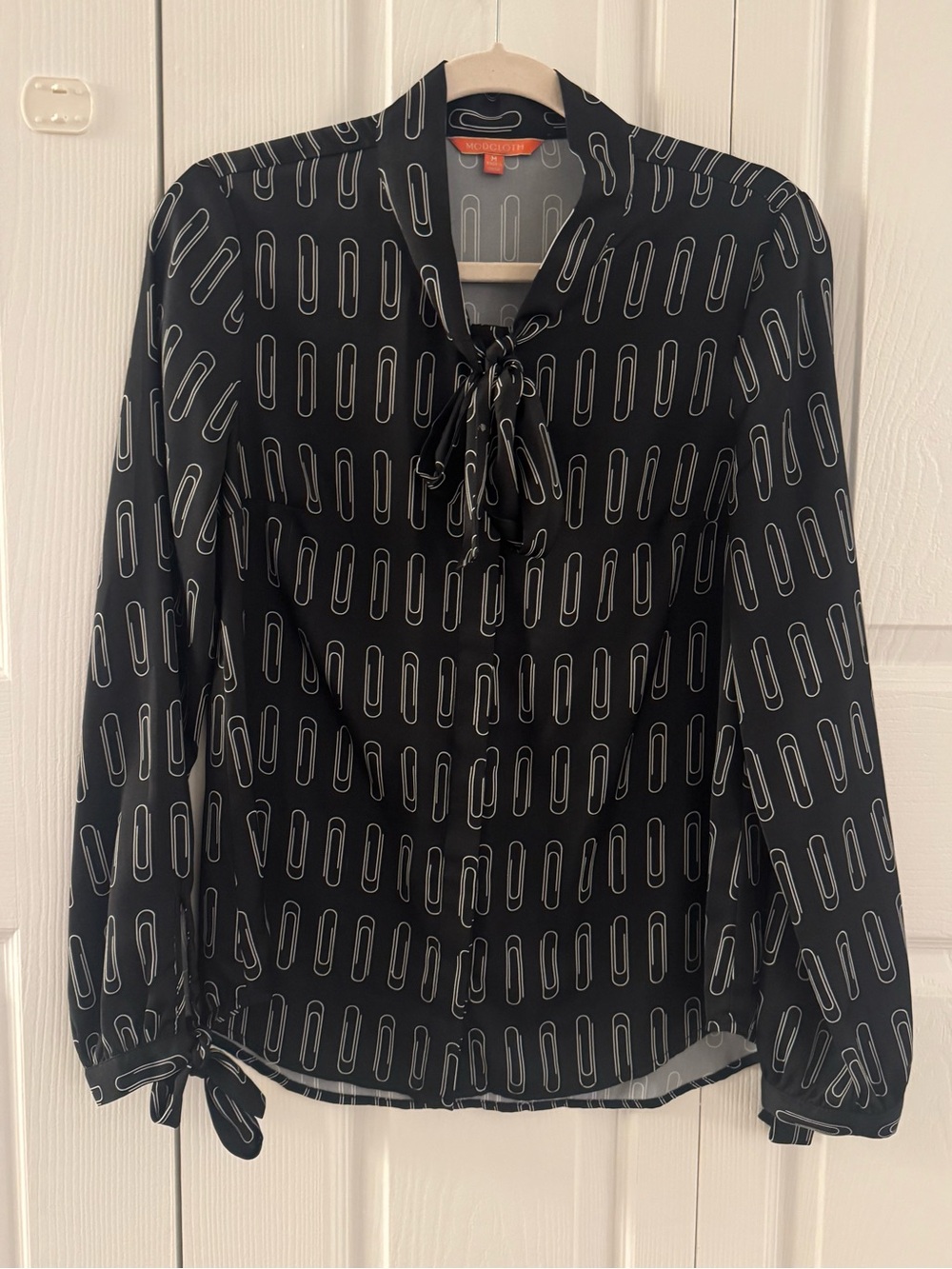 ModCloth Black Paperclip Print Tie Neck Blouse Size Medium